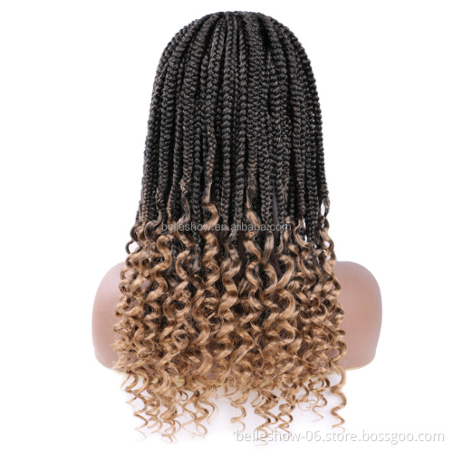 18inch Long Curly Heat Resistant Natural Black Box Braid Synthetic Braiding Hair Wigs Full Handmade 4x4 Lace Front Wig